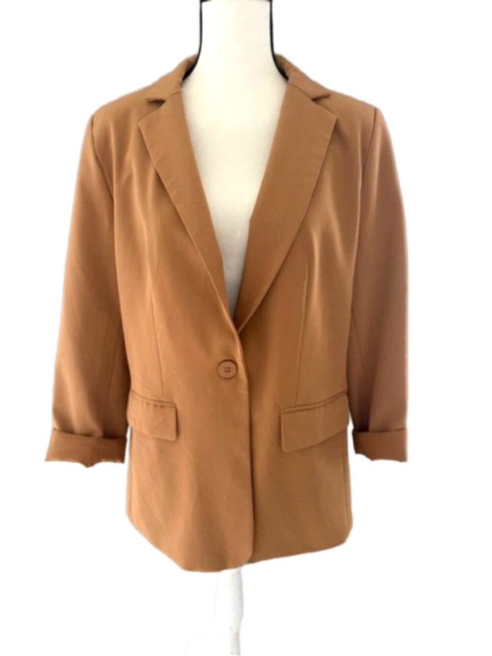 Cicy Bell Gold Shoulder Pad Single-Button Lined Tan Blazer Sz Large #2647